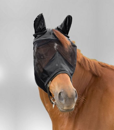 Sztywna siatka chroniąca głowę konia przed owadami, wytrzymała, zapinana pod ganaszami, z ochroną UV.