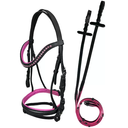 Ogłowie skórzana na kucyka Abigail Y czarne z różowymi dodatkami